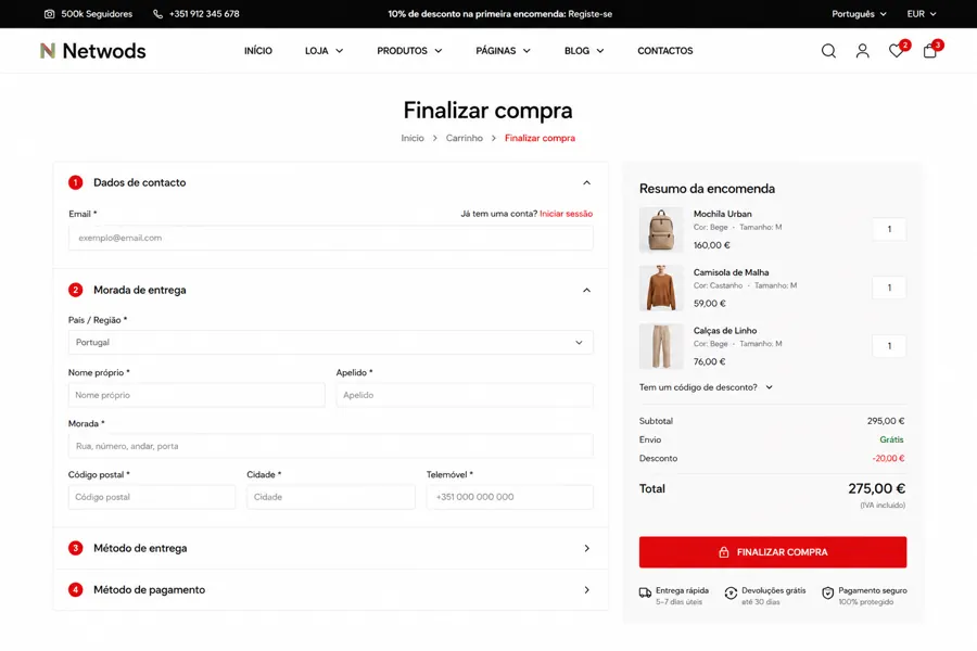 Carrinho e checkout de uma loja online profissional no computador