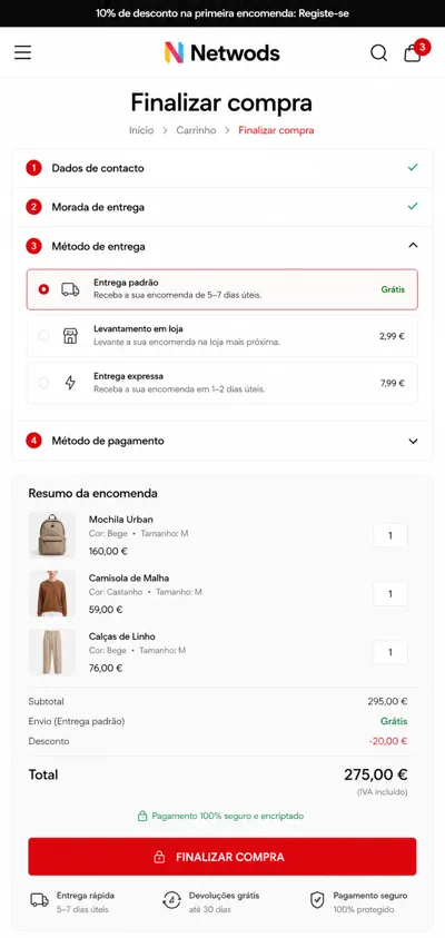 Carrinho e checkout de uma loja online profissional no telemóvel