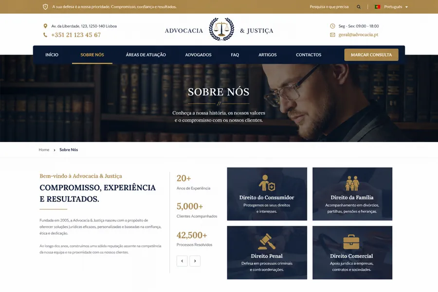 Exemplo de página Sobre Nós de um website profissional para advogado