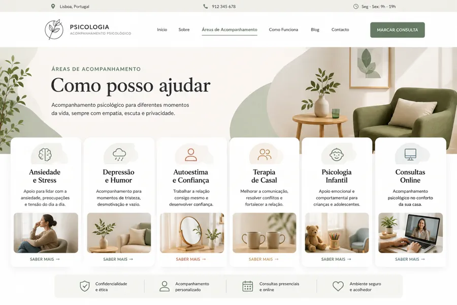 Exemplo de página com áreas de acompanhamento psicológico