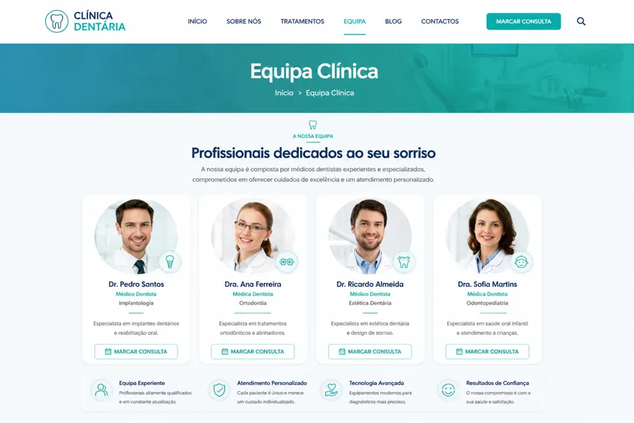 Exemplo de página da equipa clínica de uma clínica dentária