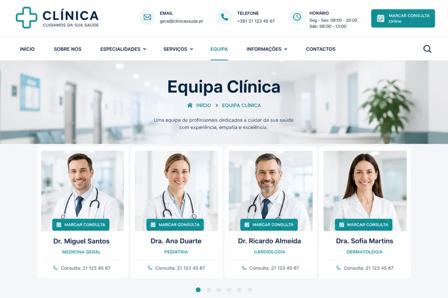 Exemplo de página da equipa clínica num website profissional