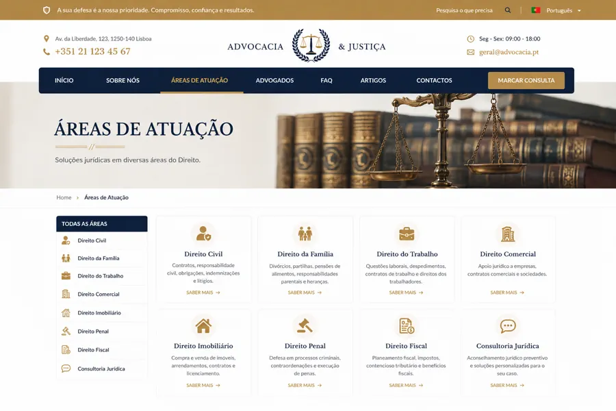 Exemplo de página de áreas de atuação de um website para advogado