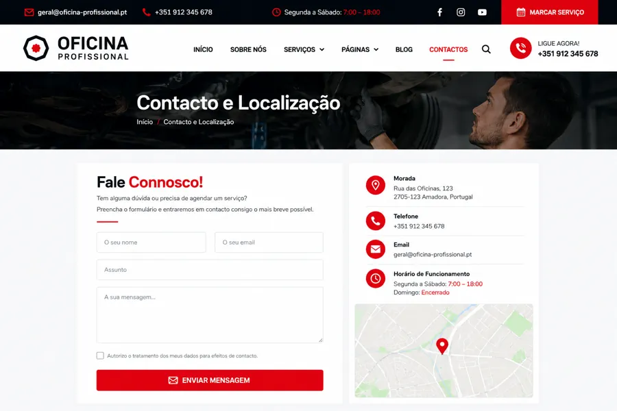 Exemplo de página de contacto e localização de oficina automóvel