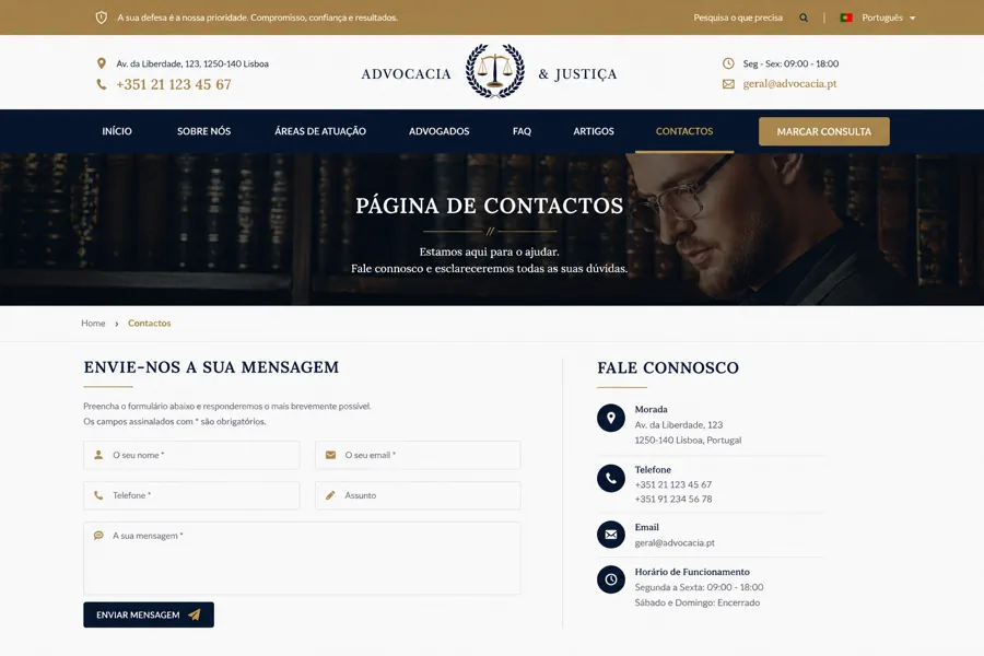 Exemplo de página de contactos de um website profissional para advogado