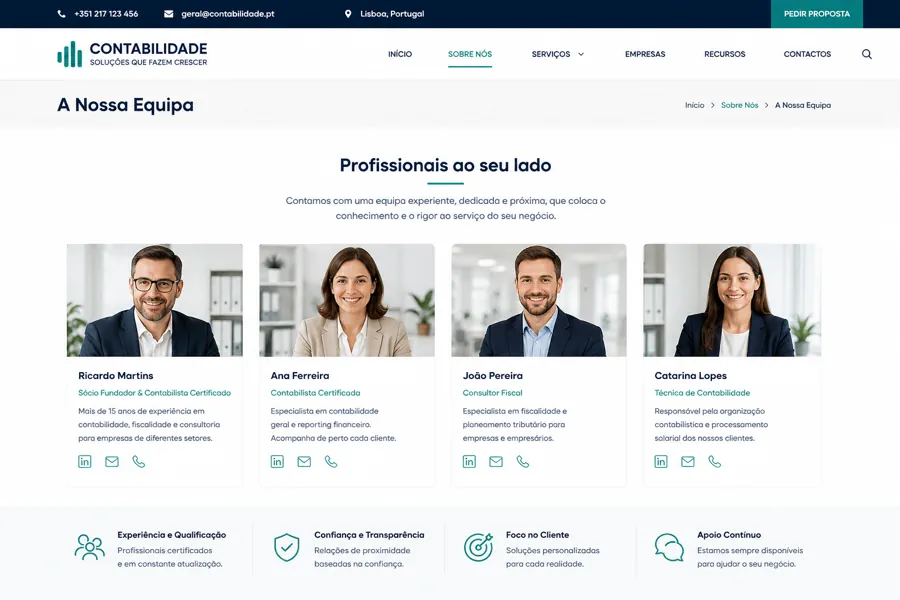 Exemplo de página de equipa de gabinete de contabilidade