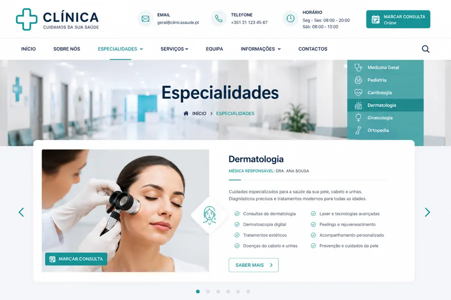 Exemplo de página de especialidades de um website para clínica