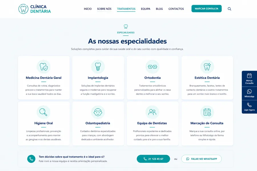 Exemplo de página de especialidades de uma clínica dentária