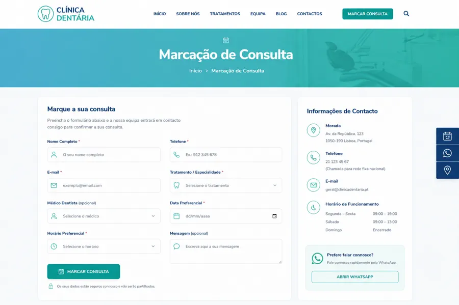 Exemplo de página de marcação de consulta para clínica dentária