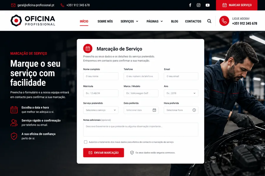 Exemplo de página de marcação de serviço para oficina automóvel