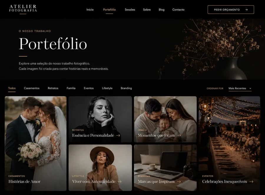 Exemplo de página de portefólio de fotógrafo profissional