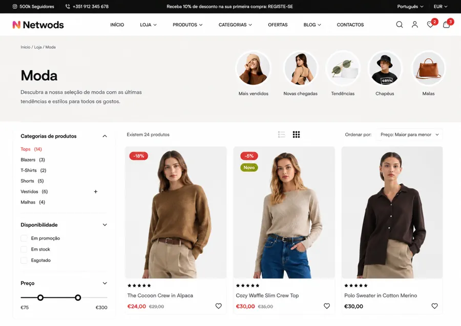 Exemplo de página de produtos de uma loja online
