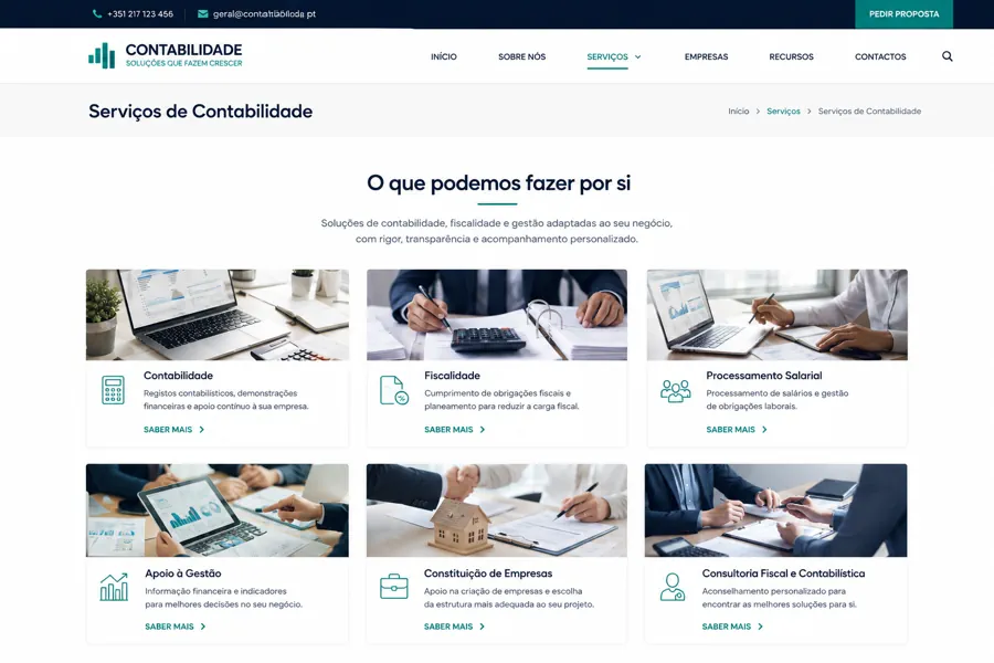 Exemplo de página de serviços de contabilidade