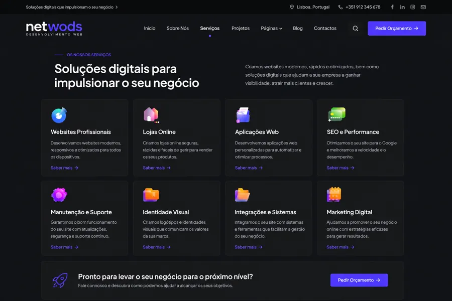 Exemplo de página de serviços de um site profissional