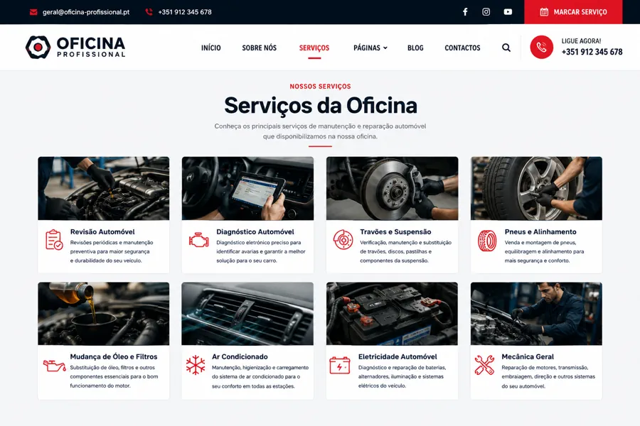 Exemplo de página de serviços de uma oficina automóvel