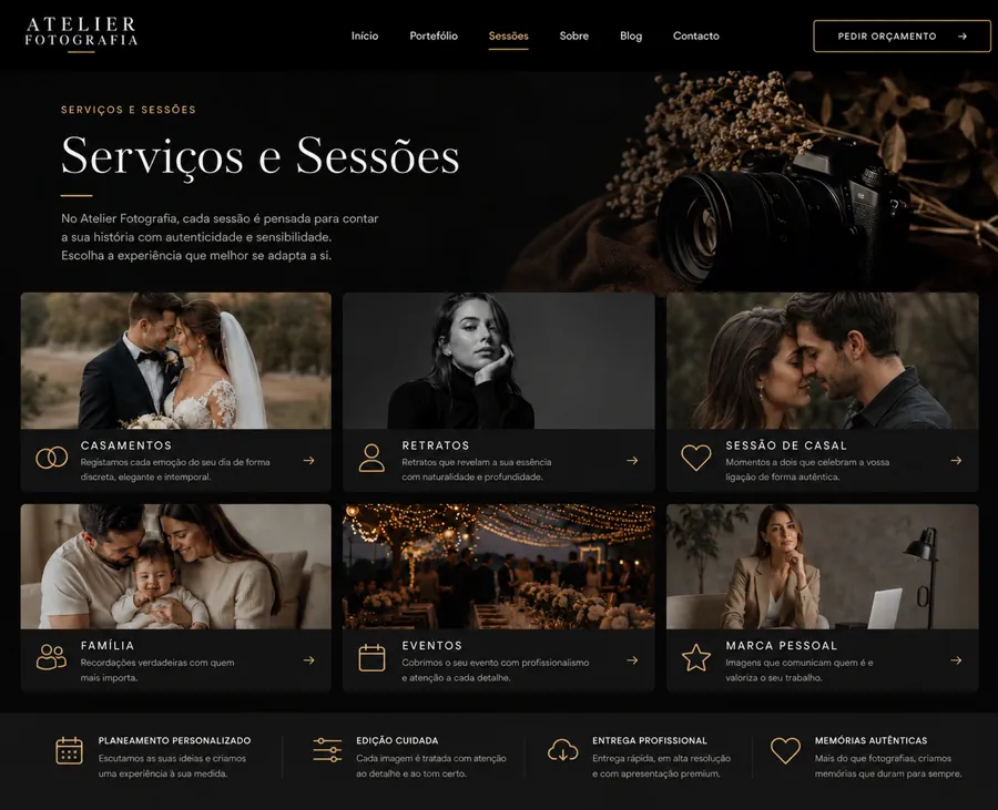 Exemplo de página de serviços e sessões fotográficas