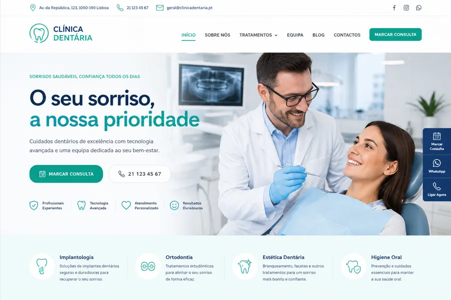 Exemplo de página inicial de website para clínica dentária