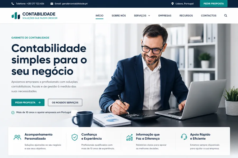 Exemplo de página inicial de website para contabilistas
