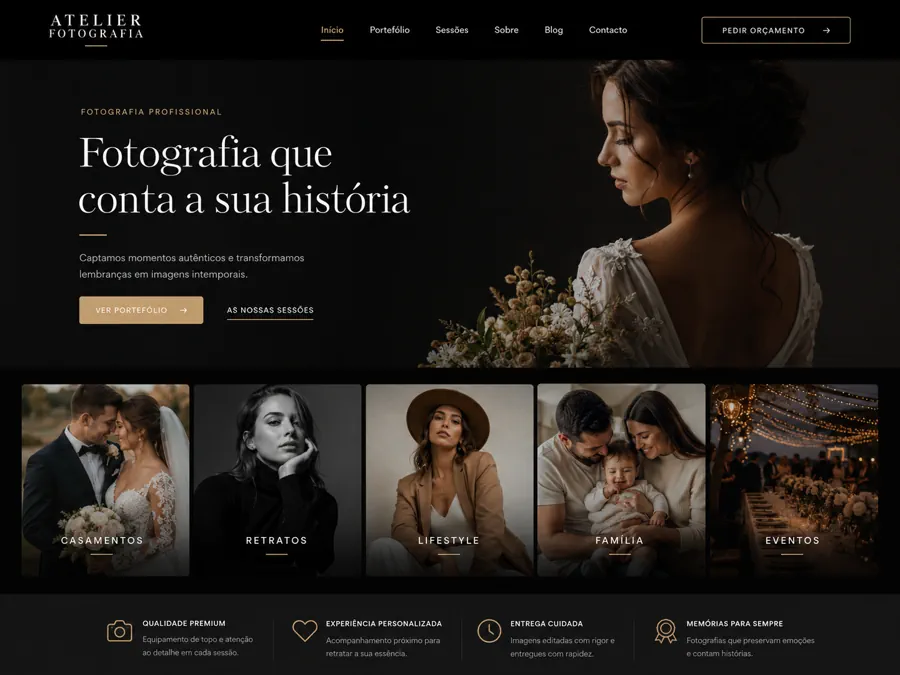 Exemplo de página inicial de website para fotógrafo