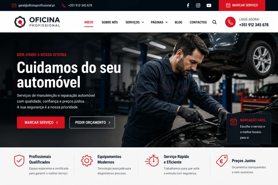 Exemplo de página inicial de website para oficina automóvel