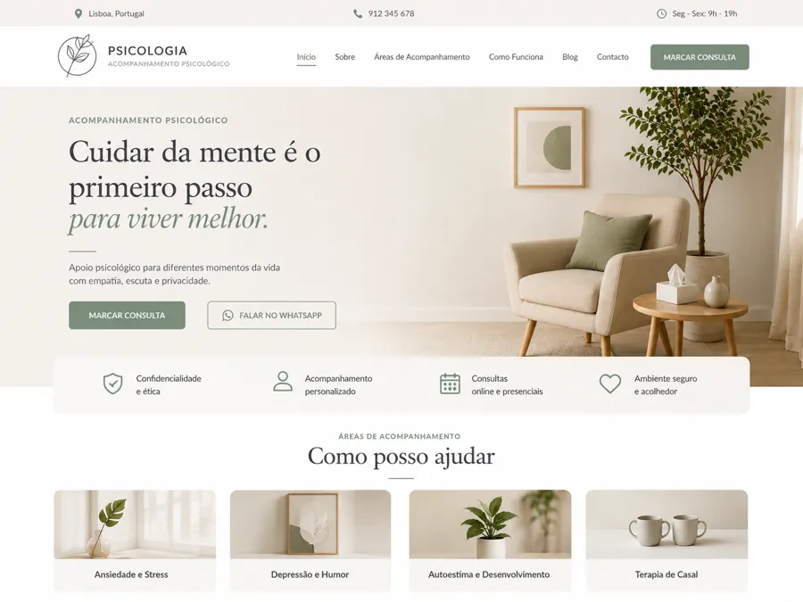 Exemplo de página inicial de website para psicólogo