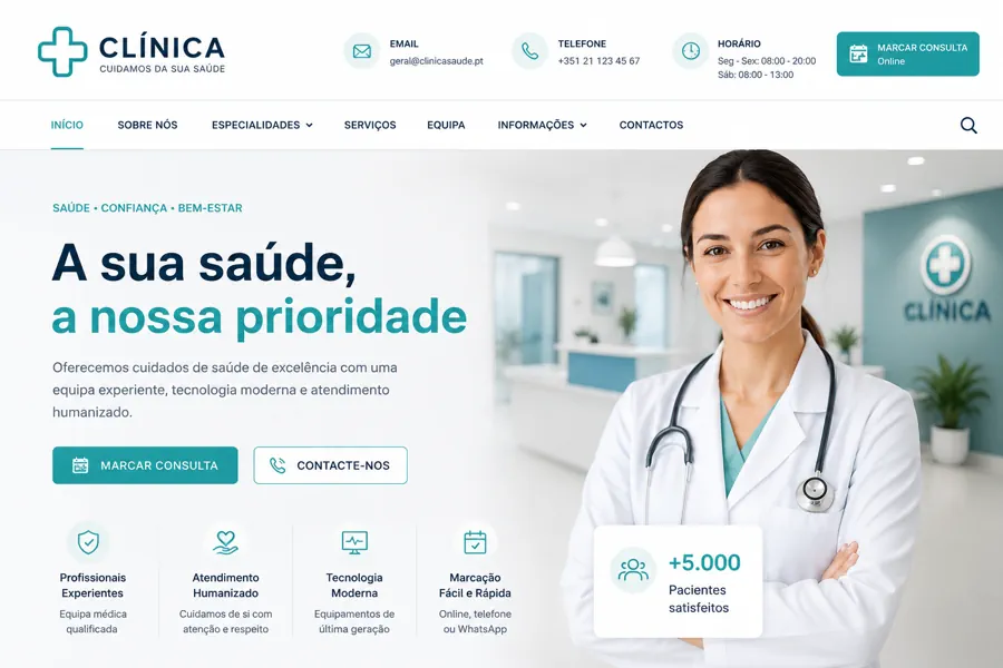 Exemplo de página inicial de website profissional para clínica