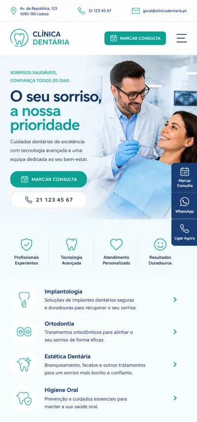 Exemplo de página inicial mobile de website para clínica dentária
