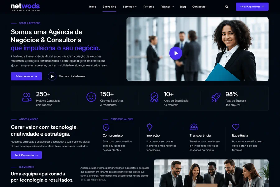 Exemplo de página sobre a empresa de um site profissional