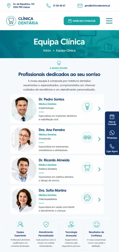 Exemplo mobile de página da equipa clínica de uma clínica dentária