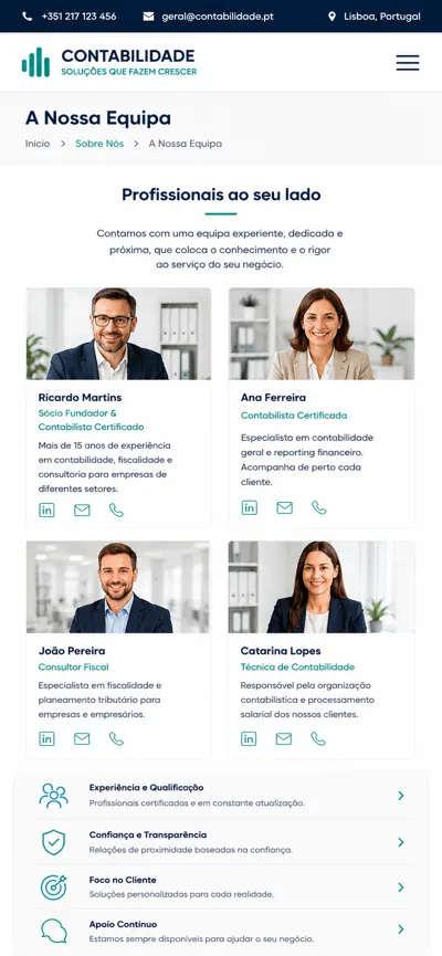 Exemplo mobile de página de equipa de gabinete de contabilidade