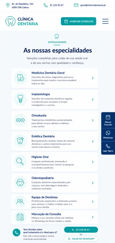 Exemplo mobile de página de especialidades de uma clínica dentária