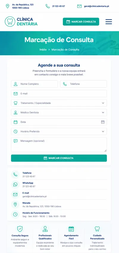 Exemplo mobile de página de marcação de consulta para clínica dentária