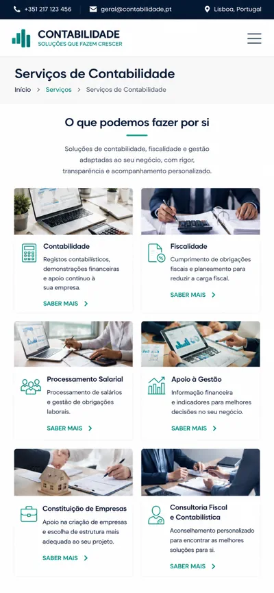 Exemplo mobile de página de serviços de contabilidade