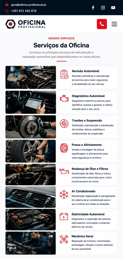 Exemplo mobile de página de serviços de uma oficina automóvel