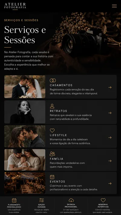 Exemplo mobile de página de serviços e sessões fotográficas