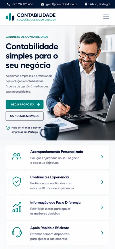 Exemplo mobile de página inicial de website para contabilistas