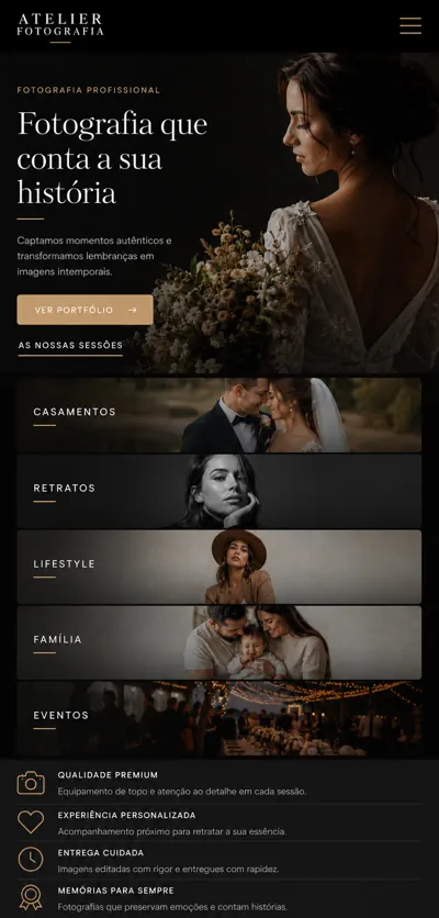 Exemplo mobile de página inicial de website para fotógrafo