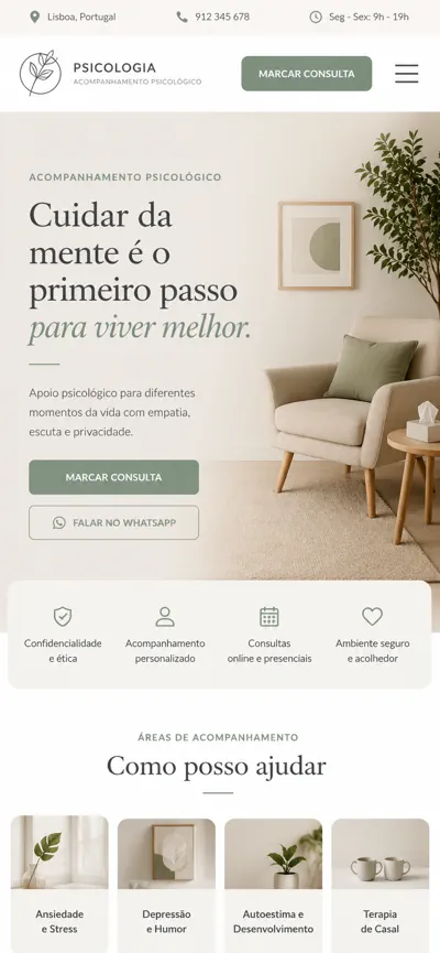 Exemplo mobile de página inicial de website para psicólogo