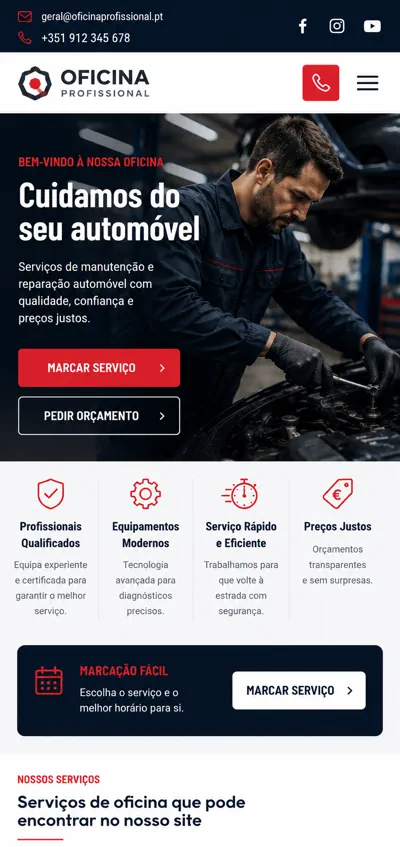 Exemplo mobile de página inicial para oficina automóvel