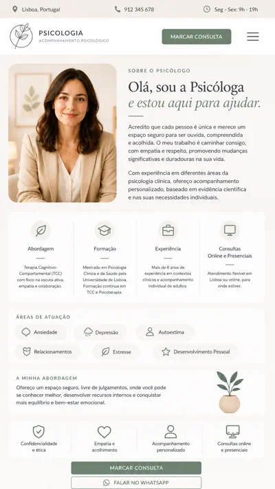 Exemplo mobile de página sobre o psicólogo