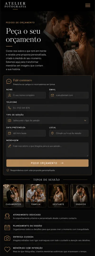 Exemplo mobile de pedido de orçamento para sessão fotográfica