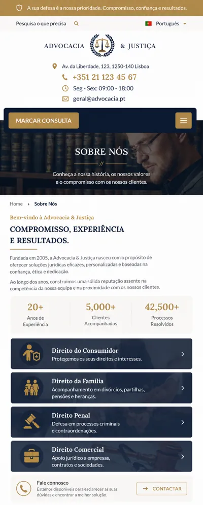Página Sobre Nós para advogado adaptada a dispositivos móveis