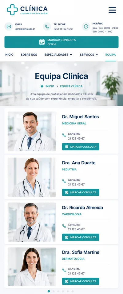 Página da equipa clínica adaptada a dispositivos móveis