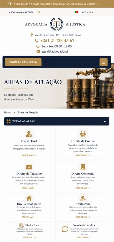 Página de áreas de atuação para advogado em versão mobile