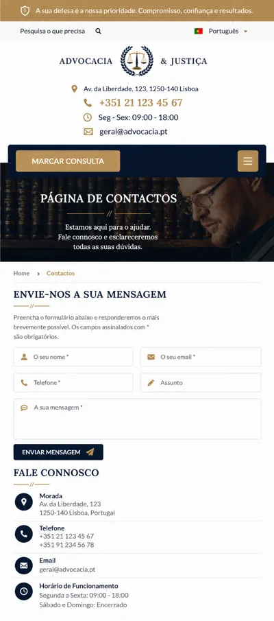 Página de contactos para advogado em versão mobile