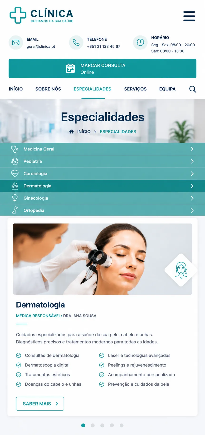 Página de especialidades médicas para clínica em versão mobile