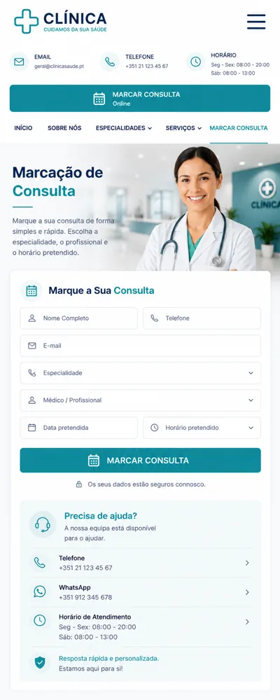 Página de marcação de consulta para clínica em versão mobile