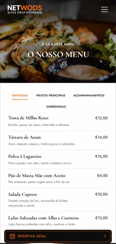 Página de menu de restaurante em telemóvel