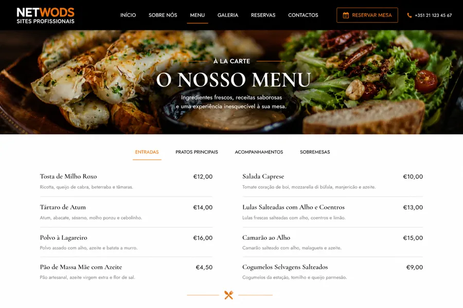 Página de menu de website para restaurante