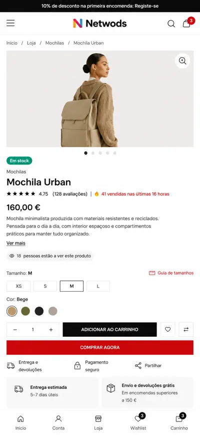 Página de produto de uma loja online profissional no telemóvel
